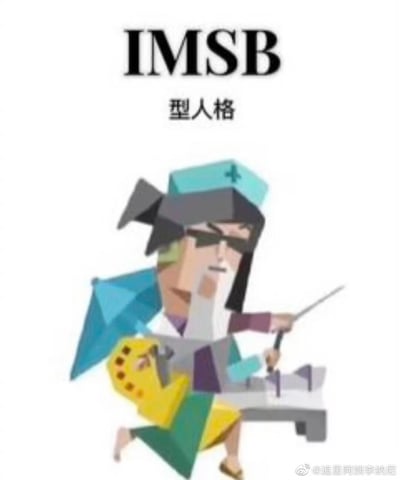 这是一张恶搞当下热门MBTI人格测试的趣味梗图，图片顶部用醒目黑色字体标注虚构的“IMSB型人格”，下方搭配低多边形风格的原创卡通人物：人物头戴带有十字标识的医护帽，佩戴黑色墨镜，留着白色长胡须，一只手托着下巴故作深沉，另一只手拿着针管，坐在黄色座椅上，还带有蓝色的伞状装饰，形象混搭了医护人员与江湖人士的特质，用荒诞滑稽的视觉效果调侃虚构的人格类型，充满戏谑搞笑的氛围。