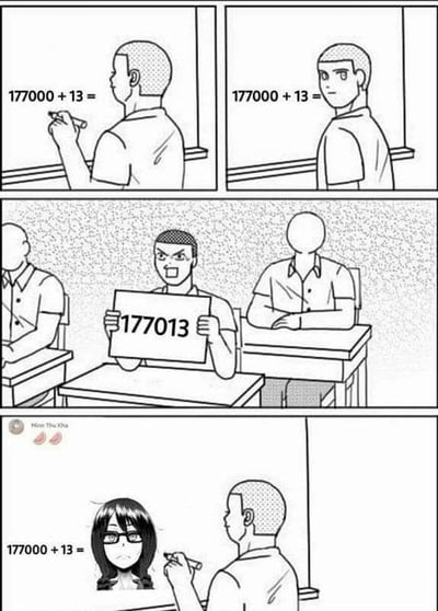 这是一组四格连环黑白漫画，描绘了校园考试中的搞笑趣味场景：第一格，一名男生背对着镜头，正在演算数学题“177000+13=”；第二格，男生转头面向前方，看起来是在寻求他人的帮助来得到答案；第三格，考场内一名面露愤怒的男生举着一块写有计算结果“177013”的牌子，旁边还有两名同学，其中一人头部缺失，是画面的趣味夸张处理；第四格，原来答题的男生转头后，看到的并非举牌的男生，而是一名戴眼镜的女生。这是因为数字“177013”的中文发音谐音“要亲亲你一生”，形成了从考试作弊求助到浪漫表白暗语的搞笑转折，制造出反差感十足的趣味效果。