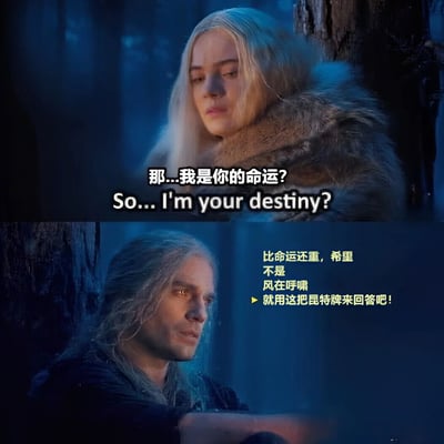 图片分为上下两部分，均为暗色调森林场景。上半部分金发角色希里眼神疑惑地询问：“那...我是你的命运? So... I'm your destiny?”；下半部分白发角色杰洛特平静回应：“比命运还重，希里 不是 风在呼啸 ▶ 就用这把昆特牌来回答吧!”。通过改编《巫师》系列角色的经典互动，将严肃的“命运”话题与游戏内知名元素“昆特牌”结合，制造幽默调侃效果，展现角色间轻松有趣的关系。