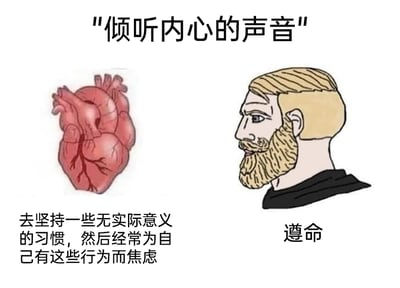 这是一张图文结合的搞笑反讽梗图，顶部配有核心引导文字“倾听内心的声音”。画面左侧是一颗写实风格的人类心脏插图，心脏下方的文字模拟“内心的声音”，内容为“去坚持一些无实际意义的习惯，然后经常为自己有这些行为而焦虑”；画面右侧是一个有着金色短发与胡须、表情平淡的卡通男性人物，他下方的文字是“遵命”。整张图用夸张的对话形式，反讽了当代部分人群被无意义内耗行为支配的状态：明明知晓行为没有实际价值，却无法自控地坚持，还因此陷入自我焦虑的循环，精准戳中了当代人精神内耗的痛点，容易引发有类似经历的人群共鸣。
