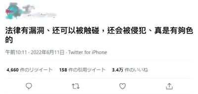 这是一张X（原Twitter）平台的推文截图，发布者的头像和用户名已经被做模糊打码处理。推文中的中文内容为“法律有漏洞、还可以被触碰，还会被侵犯、真是有夠色的”，这句话通过字词搭配玩双关梗，将原本描述法律漏洞的表述歪解为带有色情暗示的内容，以此形成玩梗笑点。推文标注发布时间为2022年6月11日午前10:11，发布客户端为Twitter for iPhone，互动数据为4660次转推、158次引用推文、3.4万次点赞，截图底部保留了X平台原生的评论、转推、点赞、分享功能按钮。