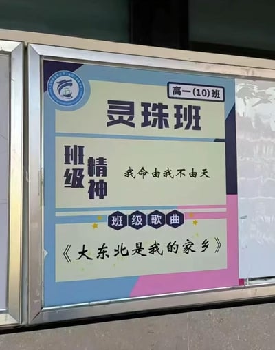 这是一张拍摄于学校内的班级标语牌照片，展示了高一(10)班的班级文化。标语牌主体为彩色设计，包含蓝色、粉色、黄色等色块拼接。顶部左侧有学校校徽，右侧标注“高一(10)班”，中央大字为“灵珠班”班级名称。下方分区域展示“班级精神”为“我命由我不由天”（源自电影《哪吒之魔童降世》经典台词），以及“班级歌曲”《大东北是我的家》，整体设计活泼且富有创意。