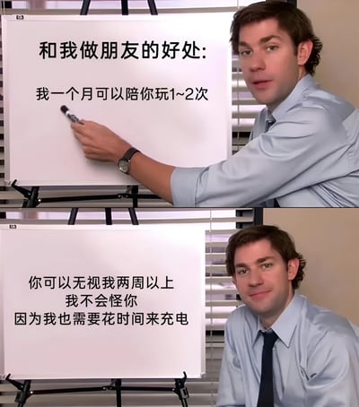 图片为上下两格拼接的办公室场景截图，上方格子中一名穿浅蓝色衬衫打领带的男性正用马克笔在白板上写字，白板内容为“和我做朋友的好处: 我一个月可以陪你玩1~2次”；下方格子中该男性坐在白板旁，白板内容变为“你可以无视我两周以上 我不会怪你 因为我也需要花时间来充电”。整体通过幽默的方式调侃了内向者的社交习惯，将低频率互动和需要独处“充电”包装成做朋友的“好处”，充满自嘲和共鸣感。