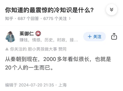 知乎平台问题'你知道的最震惊的冷知识是什么?'的截图，显示有687个回答和6775人关注。用户'茱御仁'的回答称'从秦朝到现在，2000多年看似很长，也就是20个人的一生而已'，该回答获得关注者'胆小男孩做大事'的赞同，发布于2024年7月20日上海。