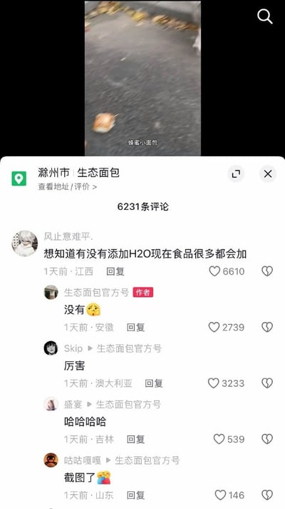 这张梗图展示了滁州一家名为"生态面包"的店铺评论区截图，其中一位用户用化学术语H2O来调侃食品添加剂问题，问商家"想知道有没有添加H2O现在食品很多都会加"。商家官方账号幽默回复"没有😂"，引发其他用户围观评论"厉害"、"哈哈哈哈"、"截图了🤣"。图片上方还有一张模糊的地面上的面包照片。

这里使用了H2O（水的化学分子式）作为调侃，因为水是所有食品的基本成分，商家否认添加水显然是一种幽默回应，制造了搞笑效果。
