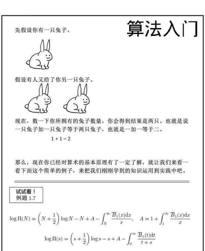 这是一张图文混排的搞笑梗图，标题为「算法入门」。图中先用极其浅显的兔子举例，从1只兔子到再得到1只兔子，推导得出1+1=2的基础算术结论，营造出低门槛入门教学的氛围。随后话锋一转，直接抛出了包含对数、积分的复杂伽马函数相关公式（logΠ(N)和logΠ(s)的表达式），形成了从超基础算术到高阶数学的强烈反差，用来讽刺和吐槽许多「入门即劝退」的教程，看似简单易懂，实则突然跳转到高难度内容，让学习者措手不及，充满了搞笑和无奈的情绪。