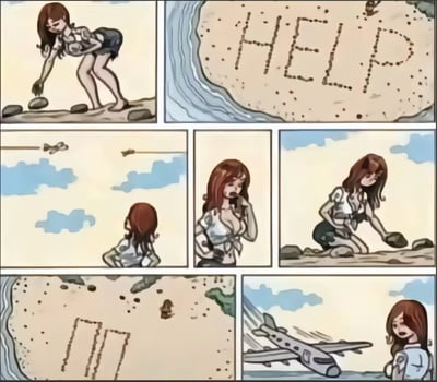 这是一组七格连环漫画，讲述女子在海滩求救的乌龙故事。第一格她弯腰捡石头；第二格用石头在沙滩靠近海浪处摆成'HELP'；第三格抬头望空中飞机；第四格特写担忧表情；第五格继续调整石头；第六格海浪冲刷后'HELP'变成'111'；第七格飞机飞过，女子看着飞机似求救失败。情节充满乌龙喜剧效果。