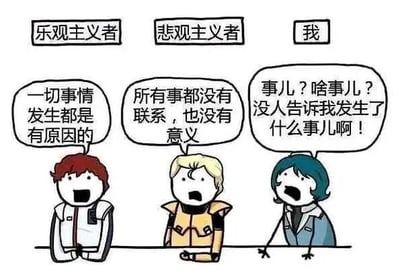 图片为一幅卡通风格的对比漫画，展示了三种不同态度的人物。左侧红色头发的“乐观主义者”张开嘴说“一切事情发生都是有原因的”，表情积极；中间金色头发的“悲观主义者”眉头微皱道“所有事都没有联系，也没有意义”，显得消极；右侧蓝绿色头发的“我”则一脸茫然，大喊“事儿？啥事？没人告诉我发生了什么事儿啊！”，幽默地表现出对前两者讨论话题的完全不知情，形成鲜明的态度反差，充满调侃意味。