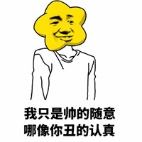 图片中是一个卡通风格的简笔画人物，头部为黄色花形，面部带着微笑表情，身体穿着白色上衣，呈现站立姿态。人物下方配有文字：“我只是帅的随意 哪像你丑的认真”。通过“帅的随意”与“丑的认真”的强烈对比制造幽默效果，带有自嘲和调侃的意味。