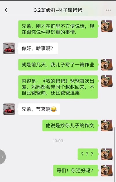 这是一段来自微信的私下聊天记录，对话双方是小学3.2班的两位家长。一位家长先以“沉重的事”开启对话，告知对方自己儿子的作业《我的爸爸》里写了“爸爸出差时妈妈带叔叔回家”的内容，林子濠爸爸先安慰其节哀，随后这位家长说出儿子是抄林子濠的作文，此时剧情反转，这位家长意识到真正有状况的是林子濠家，连忙询问对方状况，整个对话充满乌龙和尴尬，是一个制造反转效果的搞笑段子。