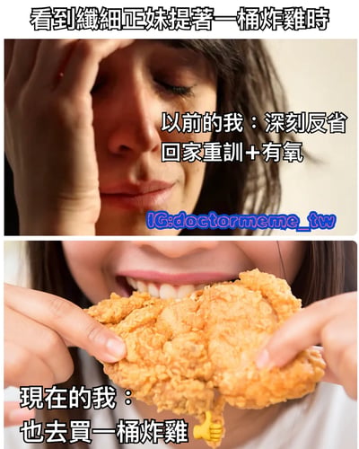 这是一张上下对比式的幽默梗图，通过展示同一个人面对炸鸡时的心态变化来制造笑点。上半部分显示一位女性单手扶额，表情苦恼，配文'以前的我：深刻反省 回家重训+有氧'；下半部分则是同一位女性开心地拿着一大块炸鸡准备享用，配文'現在的我：也去買一桶炸雞'。图片上方有总标题'看到纖細正妹提著一桶炸雞時'，表达了看到身材纤细的美女吃炸鸡时，自己从自律到放弃抵抗的有趣心理转变。