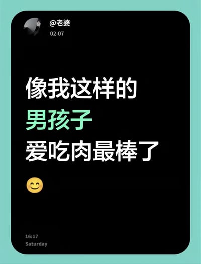 这是一张模拟社交媒体发布界面的趣味图片，界面顶部标注发布者为@老婆，发布日期为02-07，底部显示时间为周六16:17。核心内容是文案‘像我这样的男孩子爱吃肉最棒了’，下方搭配一个眯眼微笑的表情。通过发布者自称‘老婆’却以男孩子的口吻发言的反差感，制造出轻松搞笑的效果，传递出爱吃肉的男生的小得意与接地气的可爱感。