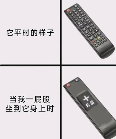 该图为左右对比的两格拼接图，通过文字与实物结合幽默展现遥控器的两种状态。左上格左侧文字为“它平时的样子”，右侧是正常的黑色电视遥控器，按键密集包含数字键、功能键及彩色按钮；右下格左侧文字为“当我一屁股坐到它身上时”，右侧遥控器的“音量+”按键被显著放大突出显示，暗讽坐下时往往只会误触音量键的生活场景。整体用简洁对比手法呈现日常小尴尬，引发共鸣。
