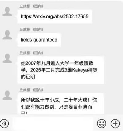 这是一段即时通讯软件的聊天记录截图，发送者为标注为「丘成桐（国内）」的用户，内容分为四部分：1. 分享了一篇来自arxiv平台的论文链接https://arxiv.org/abs/2502.17655；2. 附上英文短句「fields guaranteed」；3. 介绍一位学者的学术经历：2007年9月进入大学读数学，2025年2月完成3维Kakeya猜想的证明；4. 最后发出感慨与鼓励：「十年小成，二十年大成！你们都有能力做到，只是妄自菲薄而已！」，以此激励看到消息的人在学术道路上坚持下去。