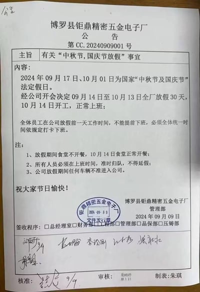 一张工厂公告照片，内容显示博罗县钜鼎精密五金电子厂宣布2024年中秋节和国庆节期间放假30天（9月14日至10月13日），远超国家法定假日天数，引发关注。公告包含放假时间、开工日期、注意事项等内容，底部有公司公章和多个部门负责人签名。