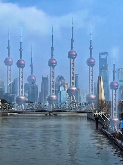 这是一张对上海城市景观进行创意魔改的P图，画面以苏州河与外白渡桥为前景，原本矗立在陆家嘴的东方明珠广播电视塔被多次复制，以不同大小、位置重复出现在画面中，与背景里的上海中心大厦、金茂大厦等真实建筑混搭，营造出荒诞又充满趣味的视觉效果，打破了原本真实的城市天际线格局。
无双关、谐音梗或暗示内容。