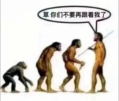 图片改编自经典的人类进化序列图，从左到右依次展示了从猿类逐渐进化为直立行走人类的四个阶段。最右侧已进化完全的人类手持长棍，头顶出现一个对白气泡，里面写着“草你们不要再跟着我了”，用现代网络用语与严肃的进化主题形成幽默反差，营造出搞笑效果。