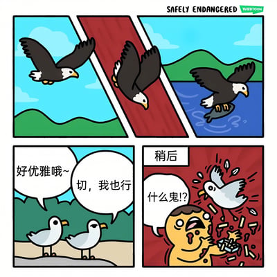 这是一幅四格连环漫画，展示了海鸥模仿老鹰捕鱼却失败的搞笑场景。第一格：一只老鹰在蓝天白云下的绿色山脉上空优雅飞行；第二格：老鹰俯冲穿过红色障碍物；第三格：老鹰成功从蓝色水面捕获一条鱼。第四格分为上下两部分，上半部分两只海鸥站在沙滩上，一只感叹“好优雅哦~”，另一只不屑地说“切，我也行”；下半部分（标注“稍后”）：一只海鸥俯冲下来，却意外砸中一个黄色人物，人物惊恐地大喊“什么鬼!?”，手中的盒子散落出许多长条状物品。