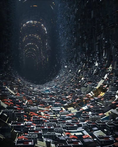 这是一张极具视觉冲击力的未来科幻都市景观图。画面呈现出一个纵深极强的城市峡谷，底部是密密麻麻、错落有致的低矮建筑群，屋顶以红色和灰色为主色调，形成强烈的视觉韵律。建筑群沿着斜坡向上延伸，右侧是高耸入云的摩天大楼，左侧则是一个巨大的环形隧道结构，隧道内壁布满了层层叠叠的发光灯带，如同通往未知世界的时空之门。整个场景在幽暗的环境中被各种光源照亮，营造出神秘而壮观的赛博朋克氛围，展现了人类对未来城市形态的想象。