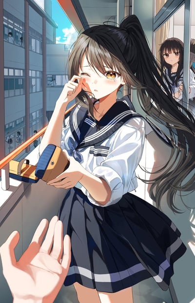 画面中是一位身着蓝白水手服的日系少女，她站在洒满阳光的校园走廊上，扎着高马尾的乌黑长发随风飘动。少女右手轻扶右眼做出眨眼动作，脸颊泛着红晕，左手捧着一个棕色的方形书本或笔盒。背景中可以看到教学楼的玻璃窗和远处的蓝天白云，另一位穿着相同校服的女生站在走廊尽头的窗边，形成层次感。整体画面采用竖构图，色彩清新明快，光影效果细腻，展现出青春校园的美好氛围。