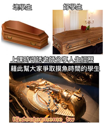 图片为三格多图拼接的幽默梗图，通过棺材品质的夸张对比调侃不同类型学生。左上角标注“坏学生”，配一个简单的棕色皮质棺材；右上角标注“好学生”，配一个带雕花的木质棺材，顶部放有一朵红玫瑰；底部为一个装饰华丽的金色石棺（类似古埃及法老棺椁），配有文字“上课时引诱老师分享人生经历 藉此帮大家争取摸鱼时间的学生”，以递进式的棺材奢华程度幽默表现“帮全班摸鱼”的学生是“终极版本”。