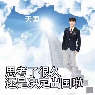 这是一张玩谐音梗的搞笑P图作品，背景是云层中通往标注“天国”的发光天梯，前景是一位穿着深色校服外套、浅灰色裤子的男生，正迈步走在天梯台阶上。图片下方配有醒目文字“思考了很久还是决定出国啦”，这里运用了谐音梗，“出国”实际是指代“去天国”，用委婉又戏谑的方式调侃“去世”的内容，通过日常话语与严肃概念的反差制造幽默效果。