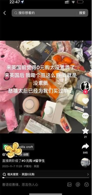 这是一张抖音短视频的截图，画面主体是一堆采购来的物品和一个粉色毛绒玩具，上方叠加了玩梗文字：“来英国前觉得0元购太没素质了
来英国后我嘞个豆这么爽 我就是没素质
慈禧太后已经为我们买过单了”。
其中“我嘞个豆”是谐音梗，对应“我嘞个逗”，用自嘲的方式调侃留学生在英国心态的转变，还借用历史相关内容玩梗，整体风格搞笑戏谑。截图右下角显示该视频的互动数据：点赞838、评论590、收藏21、转发845，左下角是发布者账号，底部有平台提示语。