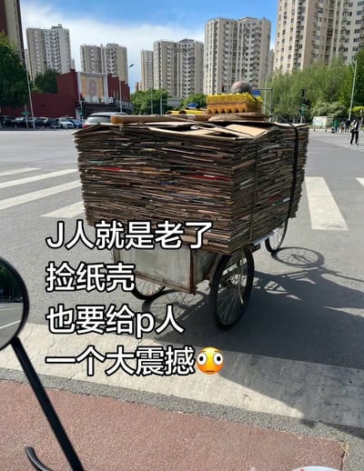 这是一张结合MBTI性格设定的趣味梗图，实拍场景为城市道路的斑马线区域，一辆三轮车上装载着堆得极高、码放得方方正正极其规整的废纸板，骑车的老人仅露出头顶，图片叠加的配文玩了MBTI人格的梗：J型人格（判断型，做事偏好秩序、有规划、爱规整）哪怕老了做收废品捡纸壳的工作，也会把纸壳整理得非常整齐，足以给随性散漫的P型（知觉型）人格带来极大的震撼，用反差感调侃了J型人刻在骨子里的规整习惯，趣味性十足。