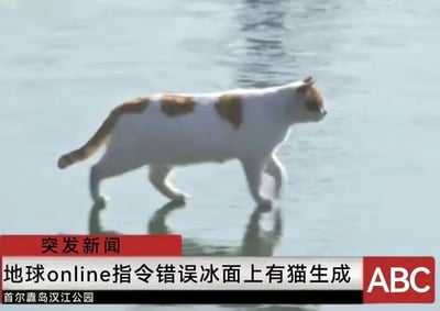 这是一张充满趣味的视觉错位梗图，画面中一只白棕相间的猫咪在水边行走时，其身体恰好与水面的倒影完美重合，营造出猫咪仿佛没有腿部、直接“生成”在冰面（水面）上的怪异视觉效果。图中搭配了模仿正规新闻播报的包装：左上角有红色“突发新闻”栏，主文案为“地球online指令错误冰面上有猫生成”，右下角标注“ABC”新闻台样式标识，底部注明拍摄地点“首尔纛岛汉江公园”。创作者借用“地球online”（将现实世界比作一款大型在线游戏）的梗，把现实中的视觉巧合调侃成游戏出现bug生成了异常的猫咪，整体风格荒诞搞笑，通过假新闻的形式放大了视觉错位带来的趣味感。