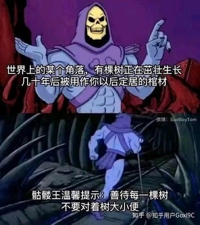 这是一张上下拼接的二次创作梗图，取材自动画《宇宙的巨人希曼》中的角色骷髅王。上图里骷髅王摆出讲解的手势，配文用略带阴间的脑洞将成长的树木和未来的棺材关联：“世界上的某个角落，有棵树正在茁壮成长 几十年后被用作你以后定居的棺材”；下图是骷髅王转身跑开的画面，配文画风一转给出温馨提示：“骷髅王温馨提示：善待每一棵树 不要对着树大小便”，用前后反差制造黑色幽默的搞笑效果，用阴间铺垫引出无厘头的环保提示。
