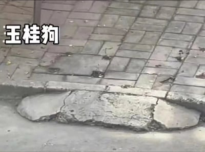 图片展示了一处破损的路面，地面的裂缝和石块形状意外神似卡通角色玉桂狗的脸部轮廓。左上角用醒目的白色粗体字标注“玉桂狗”，通过现实场景与卡通形象的趣味联想制造幽默效果，属于网友发掘生活中巧合的搞笑梗图。