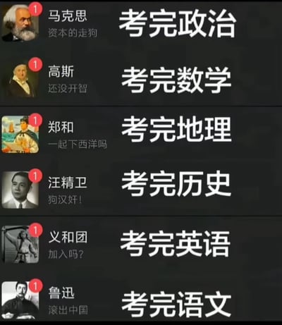 这是一张模仿即时通讯软件消息列表样式创作的搞笑梗图，整体为深灰色背景，共罗列了6项内容，每项左侧是历史人物/群体的头像，右上角带有表示未读消息的红色圆形数字“1”标识，头像右侧依次是人物名称、调侃性质的个性备注，最右侧是对应考试科目的考后状态文字。整图将不同考试科目和对应领域/相关的知名历史人物、群体绑定，配上反差感的备注内容，调侃考生考完不同科目后挫败、崩溃的心情，充满搞笑吐槽的氛围。