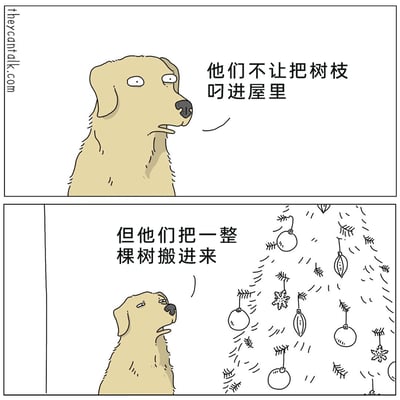 这是一幅两格连环卡通漫画，以金毛犬的视角制造反差幽默。第一格中，浅棕色的金毛犬面露疑惑，配文表达它对主人禁止自己叼树枝进屋的不解；第二格中，狗狗抬头望着屋内挂满装饰球、雪花挂饰的圣诞树，配文点出主人却把一整棵树搬进屋里的行为，用动物的视角调侃人类圣诞节搬圣诞树的习俗，凸显出人类行为在动物眼中的“双重标准”，充满轻松诙谐的趣味。