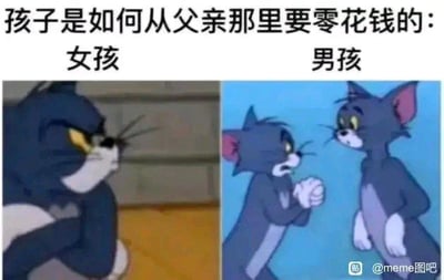 图片为左右对比结构，上方文字标题为“孩子是如何从父亲那里要零花钱的：女孩 男孩”。左侧“女孩”场景中，是《猫和老鼠》里的汤姆猫，它双臂交叉，眼神斜视，表情傲慢不屑，仿佛在自信地向父亲提出要求；右侧“男孩”场景中，有两只汤姆猫，左侧汤姆双手合十，眼睛睁大，满脸恳求可怜的神情，右侧汤姆则直立站立，低头俯视，表情冷淡审视，像是父亲角色。通过汤姆猫的不同表情和动作，幽默对比了女孩和男孩向父亲要零花钱时可能采取的不同方式，女孩显得更强势自信，男孩则更卑微讨好。