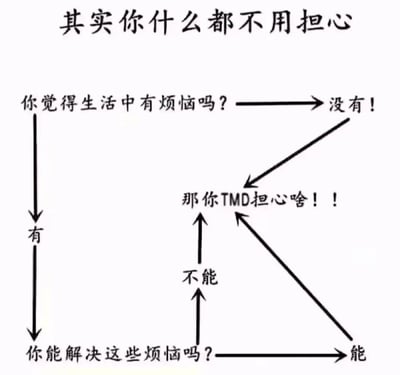 这是一张以文字为主的流程图式梗图，顶部标题为“其实你什么都不用担⼼”。图中通过箭头连接形成决策路径：首先提问“你觉得生活中有烦恼吗？”，若回答“没有！”则直接指向“那你TMD担⼼啥！！”；若回答“有”则进一步提问“你能解决这些烦恼吗？”，无论回答“能”还是“不能”，最终都指向“那你TMD担⼼啥！！”。整体通过幽默直白的逻辑，传达无需过度焦虑的轻松态度。