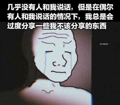 这是一张顶配底文的静态P图改编作品，画面主体是经典网络迷因形象——悲伤Wojak，他双眼紧闭，脸上挂着两行清晰的眼泪，神情落寞又悲伤，传递出沮丧、懊悔的情绪。图的上方配有醒目的白色简体中文文字：“几乎没有人和我说话，但是在偶尔有人和我说话的情况下，我总是会过度分享一些我不该分享的东西”，这段文字精准描绘了部分社恐人群或者长期缺乏社交联结的人的尴尬社交困境：平时鲜少有人交流，内心积压了大量的表达欲，一旦获得社交机会，就会因为过于渴望倾诉而失控，说出一些不合时宜、事后会后悔的内容，文字和人物悲伤的表情形成强烈的情绪呼应，能够引发有类似经历的人的深刻共鸣。