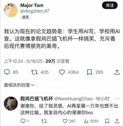 这张图片是某平台的社交媒体截图，内容是网友用“假鸡巴插飞机杯”这个荒诞比喻，形象地类比了当前学生用AI写论文、学校用AI查重的现象。评论区原ID用户本人幽默回复，表示这种比喻极具灵感。整体氛围轻松搞笑，带有荒诞和自嘲意味，充分体现中文互联网的恶搞文化和自我解构能力。

本图的精妙点在于：用双关和色情暗示的搞笑比喻，嘲讽现有论文生态的“脱离真实”。
