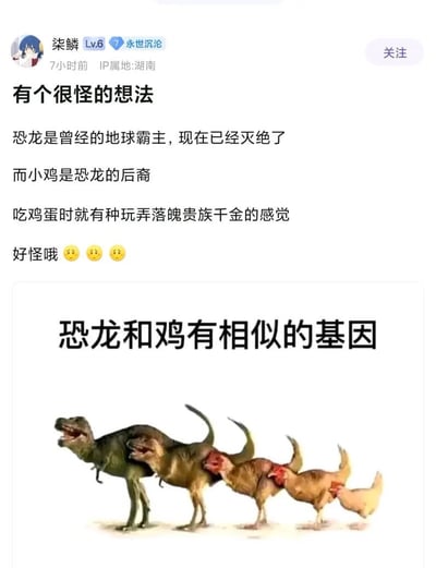 这张梗图围绕着“恐龙和鸡有相似的基因”展开玩梗。上方是一位网友的灵魂发言，提出恐龙是地球霸主而现在鸡是恐龙后裔，并因此觉得吃鸡蛋很微妙像在吃“贵族千金”。下半部分将恐龙到鸡的进化过程以渐变搞笑图片展现，把恐龙逐步PS成鸡，形成了搞笑又带点知识点的进化链。整体表达一种脑洞和幽默感。

此图存在“降贵打工”、“物种进化”等双关隐喻，把曾经高大威猛的恐龙和日常的鸡巧妙联系，营造强烈反差。