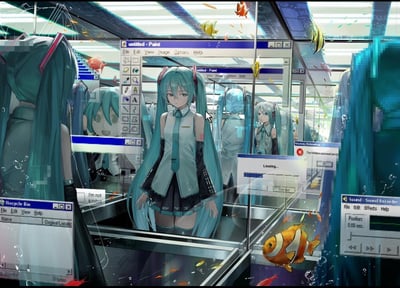 画面呈现了一个融合科技与自然元素的未来场景。蓝发双马尾的虚拟歌姬初音未来站在玻璃容器中，周围环绕着老式电脑窗口界面（如Paint和Sound Recorder），同时有彩色鱼群在空间中穿梭，营造出数字与海洋生物共存的奇幻氛围。背景中的网格天花板和光线增强了科技感，而水中气泡和游动的鱼则增添了生命力。画面左下角出现"I'm not a robot"的文字，可能暗示对人工智能与人类界限的思考。