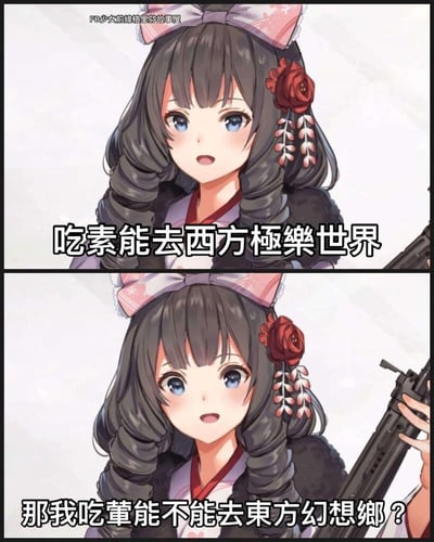 这是一张双格漫画形式的梗图，展示了一个穿着和服风格服装的动漫女孩。上格中女孩说"吃素能去西方极乐世界"，下格中她手持枪械问道"那我吃荤能不能去东方幻想乡？"。图片通过幽默方式将素食主义概念与两个虚构世界(西方极乐世界和东方Project中的幻想乡)联系起来，形成有趣的对比和调侃。
