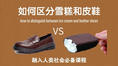 这是一张搞笑趣味梗图，采用左右分栏对比的形式呈现内容：左侧是一只深棕色的皮质皮鞋，右侧是一只被手拿着、被咬了一口的巧克力脆皮雪糕，二者在颜色和整体轮廓上有一定相似性。图中搭配了多层文字：顶部是大标题“如何区分雪糕和皮鞋”及对应的英文翻译，中间是“VS”标识，底部是“融入人类社会必备课程”的调侃性文字。整张图用夸张戏谑的方式，调侃皮鞋和巧克力雪糕外观易混淆的趣味场景，制造出荒诞搞笑的效果，没有双关、谐音梗等内容。
