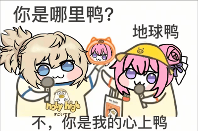 图中展示两个卡通风格角色进行趣味对话。左侧为金发高马尾角色，身着印有卡通鸭子和“holy high”字样的衣服，手持麦克风；右侧为粉发双马尾角色，头戴黄色帽子，手持麦克风和印有卡通图案的卡片，背景中还有一个粉色角色头像。上方文字“你是哪里鸭？”与“地球鸭”形成问答，底部“不，你是我的心上鸭”通过“鸭”字谐音（谐音“呀”）制造可爱俏皮的情感表达，体现doro meme呆萌幽默的风格。