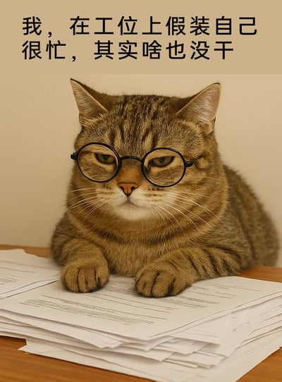这是一张贴合职场打工人心态的趣味梗图，画面主体是一只戴着黑色圆框眼镜的虎斑猫，它将双爪搭在桌面堆叠的文件上，趴在桌前，眼神涣散、表情疲惫无奈，神态完美模仿了工位上没精神的打工人。图片上方配有文字“我，在工位上假装自己很忙，其实啥也没干”，精准戳中职场人摸鱼时的真实状态，通过拟人化的猫咪形象，用幽默搞笑的方式调侃了职场中“假装忙碌”的摸鱼日常，极易引发打工人的情感共鸣。