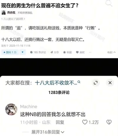 这张图片是一个社交媒体平台的截图，展示了一个关于“现在的男生为什么普遍不追女生了？”的热门问题及其高赞回答。用户“燕赤霞”发表了一条引发争议的评论，认为所谓的“追女生”通过请吃饭、送礼物、送钱等方式进行，本质上是一种“行贿”行为，并调侃称“十八大以后，还搞行贿这一套，无疑是自取灭亡。”该回答获得了1万人赞同。截图下方还显示了评论区的热门评论，用户“Machine”留言“这种NB的回答我怎么就想不出”，获得了1.2万点赞。图片中存在“检测例环”和“境外案问”等疑似水印文字。