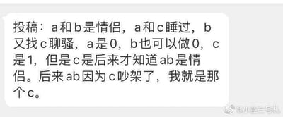 这是一张社交媒体截图，内容为一名自称“c”的网友投稿，讲述了一段复杂的同性情感纠葛：a与b是情侣关系，a曾和c发生过亲密关系，之后b又主动和c聊骚，在同性性关系的角色划分里，a是0，b也可以作为0，c是1，c是在与a、b产生关联后才得知a和b是情侣，如今a和b因为c的缘故发生了争吵，投稿人正是处于这段关系中的c。