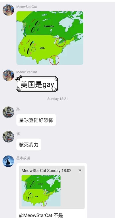 这是一张社交媒体聊天记录截图，展示了用户MeowStarCat发布的一张北美地图图片，地图上美国区域被特别标注，随后发布了“美国是gay”的评论。其他用户如“殇”对此进行了回应，评论内容包括“星球登陆好恐怖”和“骇死我力”。截图中可以看到用户头像、发布时间等社交平台元素。