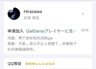 这是一张QQ群的入群申请界面截图，申请人是来自日本埼玉的用户Hirasawa，申请加入的是一个GalGame相关的QQ群。群的入群验证问题是「两个会社和对应的gal」，但申请人没有正经回答问题，反而暴躁地抱怨「还让不让人导管了」，还瞎说了一个恶意调侃的名字「天使骚逼」，界面底部还显示了申请人的QQ等级。
其中「导管」是网络俚语，指男性自慰，申请人的回答属于典型的整活玩梗，将严肃的入群验证环节变成了搞笑吐槽，在ACG社群中这类内容很容易引发共鸣。