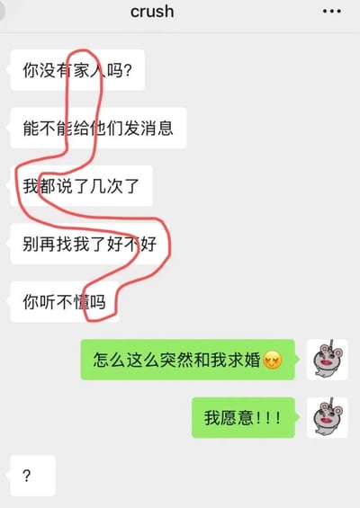 一张标题为“crush”的聊天截图梗图，左侧白色消息气泡中对方连续发送“你没有家人吗？”“能不能给他们发消息”“我都说了几次了”“别再找我了好不好”“你听不懂吗”等明显表示拒绝和不耐烦的内容，并用红色曲线将这些消息连接起来；右侧绿色消息气泡中“自己”却将这些拒绝误解为求婚信号，回应“怎么这么突然和我求婚😉”“我愿意!!!”，每条回复旁还配有一个举着牌子的卡通老鼠表情包，最后对方以一个“?”表示极度困惑。图中通过强烈的信息误解制造出恋爱互动中的搞笑效果。