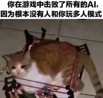 这是一张图文混排的搞笑梗图，上方配有文字“你在游戏中击败了所有的AI，因为根本没有人和你玩多人模式”，下方是一只橘白相间的猫咪，它的身体被椅子的框架卡住，露出无奈委屈的表情，看起来像是独自被困、孤军奋战的状态。图片用猫咪的窘境和文字内容形成呼应，以幽默自嘲的方式调侃部分游戏玩家想玩多人模式却匹配不到真人玩家，只能和AI对战的尴尬处境，传递出一种孤独又好笑的情绪。