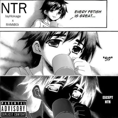 三格黑白漫画风格梗图。第一格左上角标有“NTR”标题及作者“JayHokage x RAMIBOi”，黑发角色表情平静略带无奈地说“EVERY FETISH IS GREAT...”；第二格特写该角色手持杯子正在饮用，配文“*SIP*”；第三格出现白发角色，面部被阴影覆盖，表情带有嘲讽，说“EXCEPT NTR”，左下角有“PARENTAL ADVISORY EXPLICIT CONTENT”（家长指导：内容露骨）标签。通过角色对话的反差，幽默表达对NTR题材的排斥态度，是NTR梗在ACG文化中的典型衍生创作。